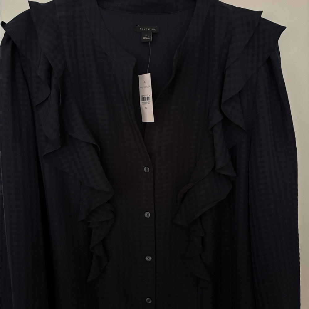 Ann Taylor Navy Ruffled Button-Front Blouse - Picture 3 of 4
